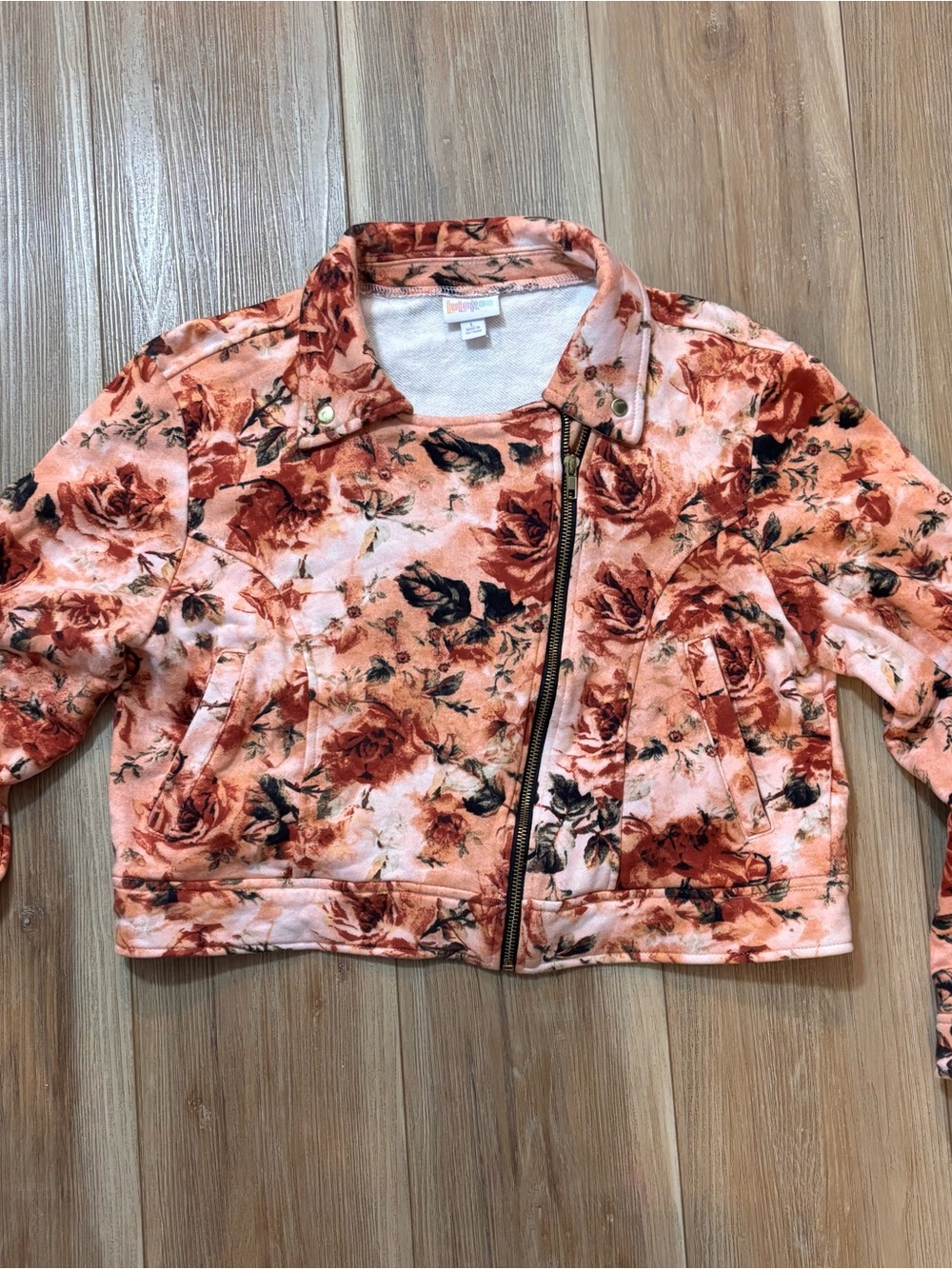 LuLaRoe Presley Pink Floral Moto Jacket Cropped Biker Jacket size L